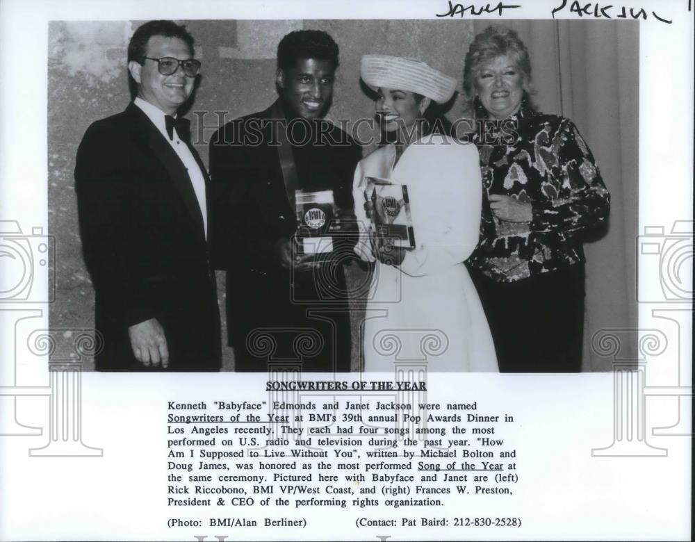 1991 Press Photo Kenneth Babyface Edmonds & Janet Jackson Songwriters of Year