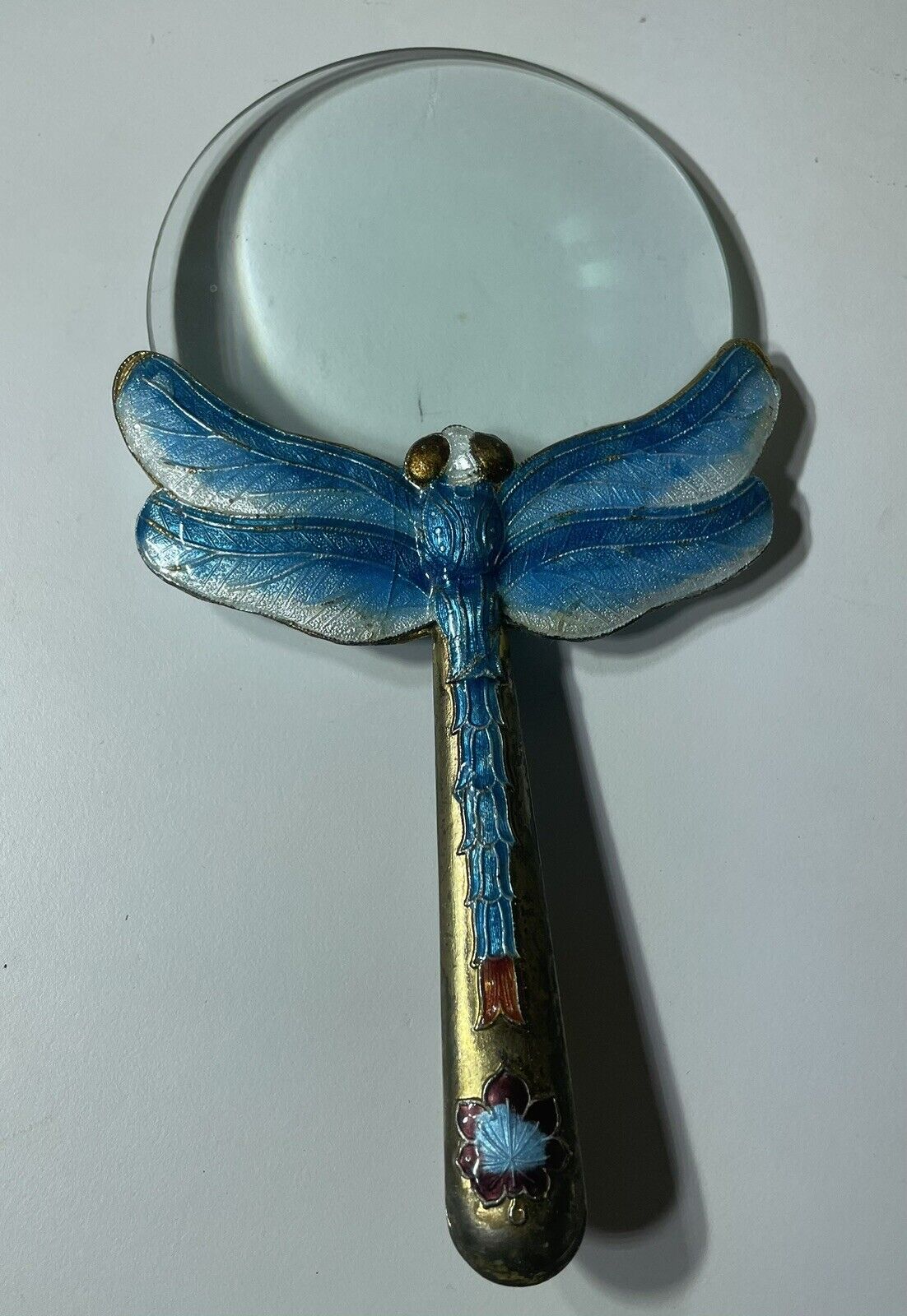 Chinese Cloisonné Enamel Metal Blue Dragonfly Magnifier Magnifying Glass