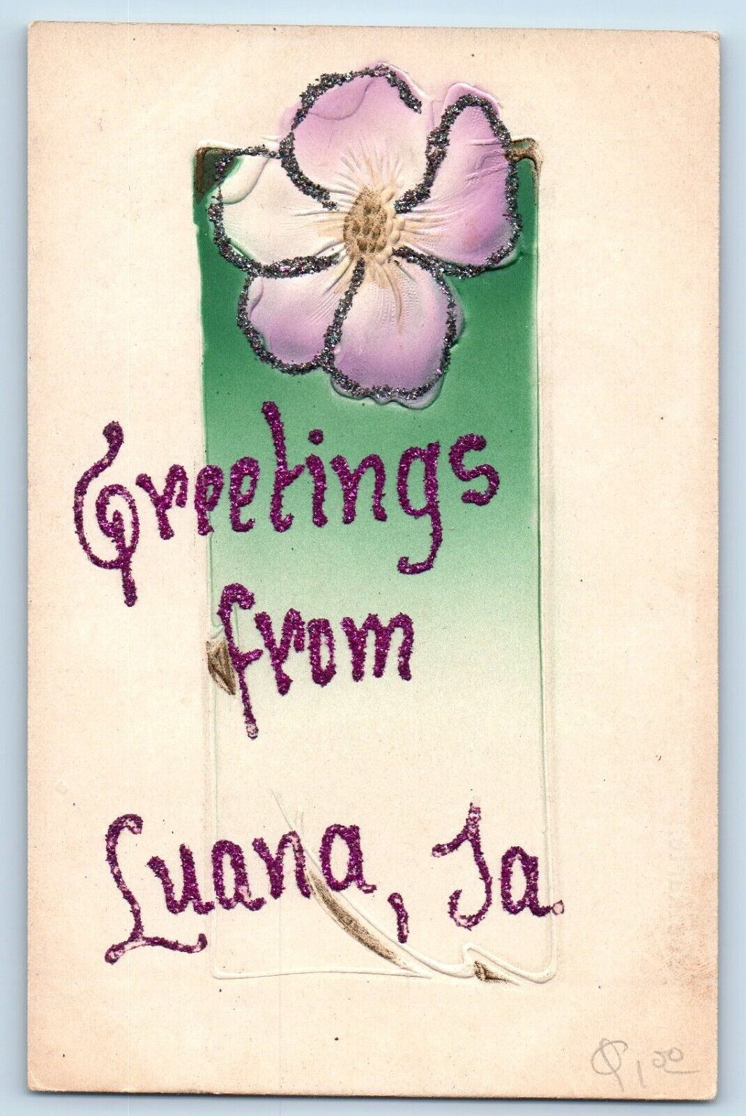 Luana Iowa IA Postcard Greetings Embossed Glitter Flower c1910 Vintage Antique