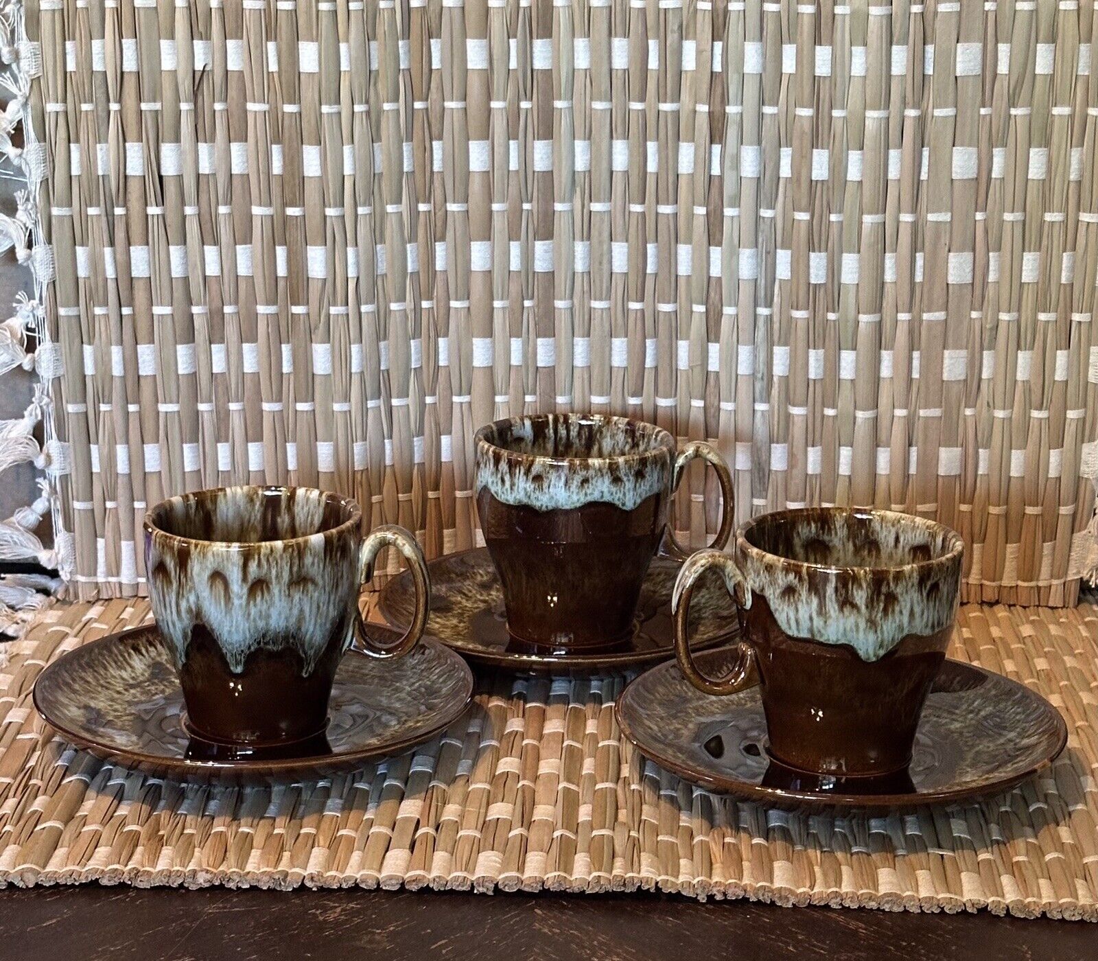 Vintage Brown Drip Glaze Coffee Cups And Saucer/plates 3 Sets