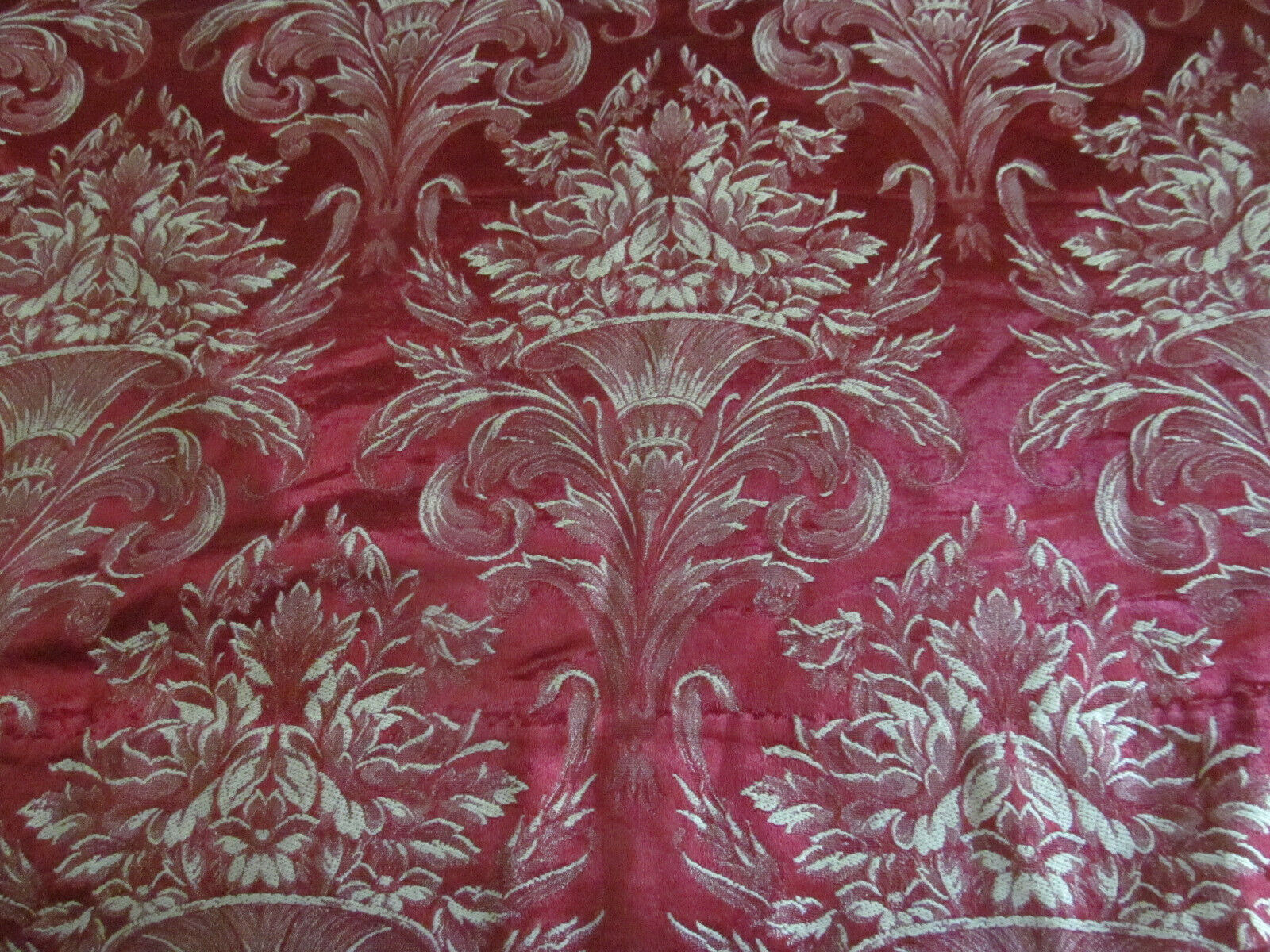 7.5 yards~Urn of Flowers Scrolls Antique Red Satin Damask Jaquard Fabric~Heavy