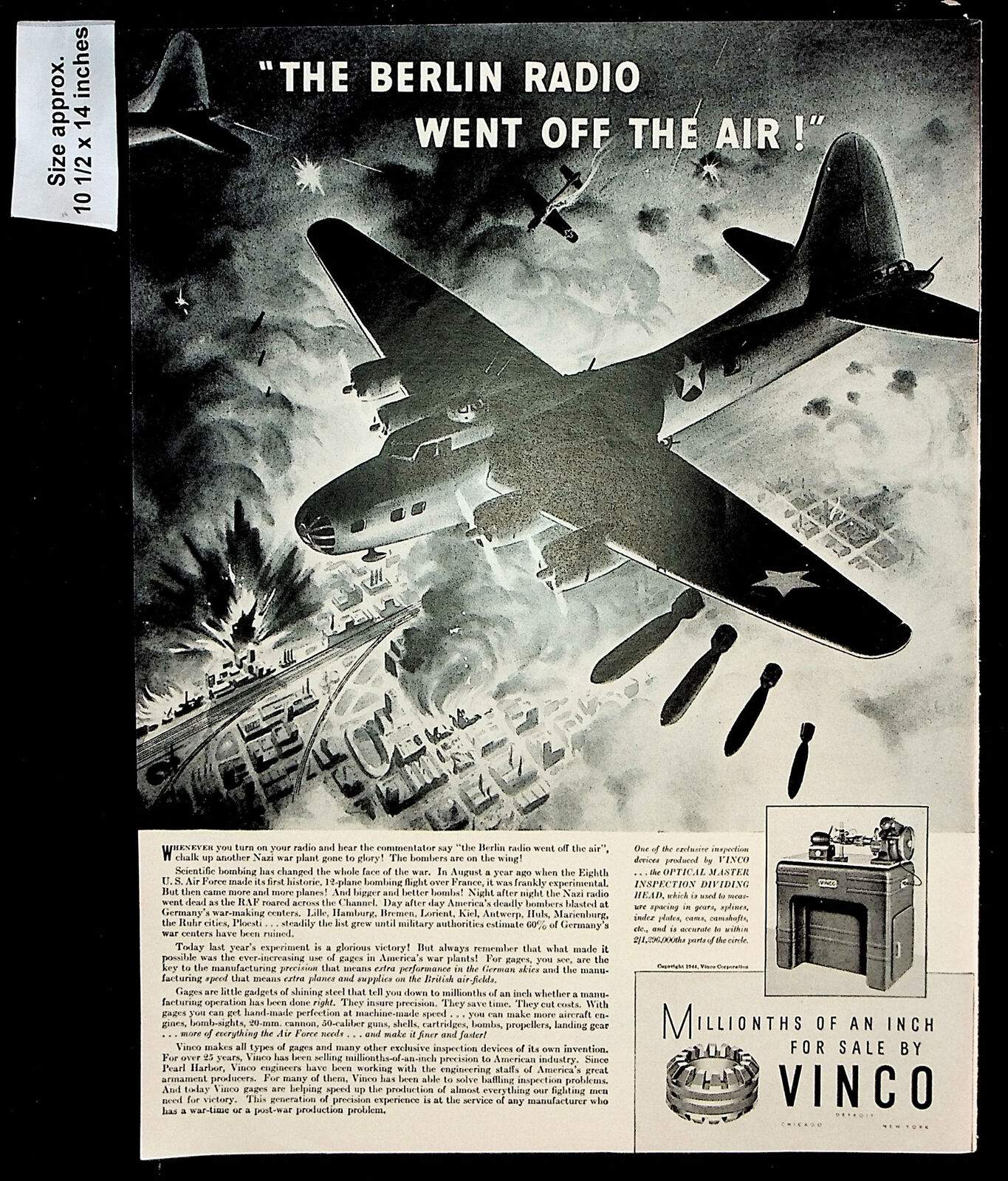 1944 Vinco U.S. Air Force Plane Bombers Military Berlin Vintage Print Ad 38555