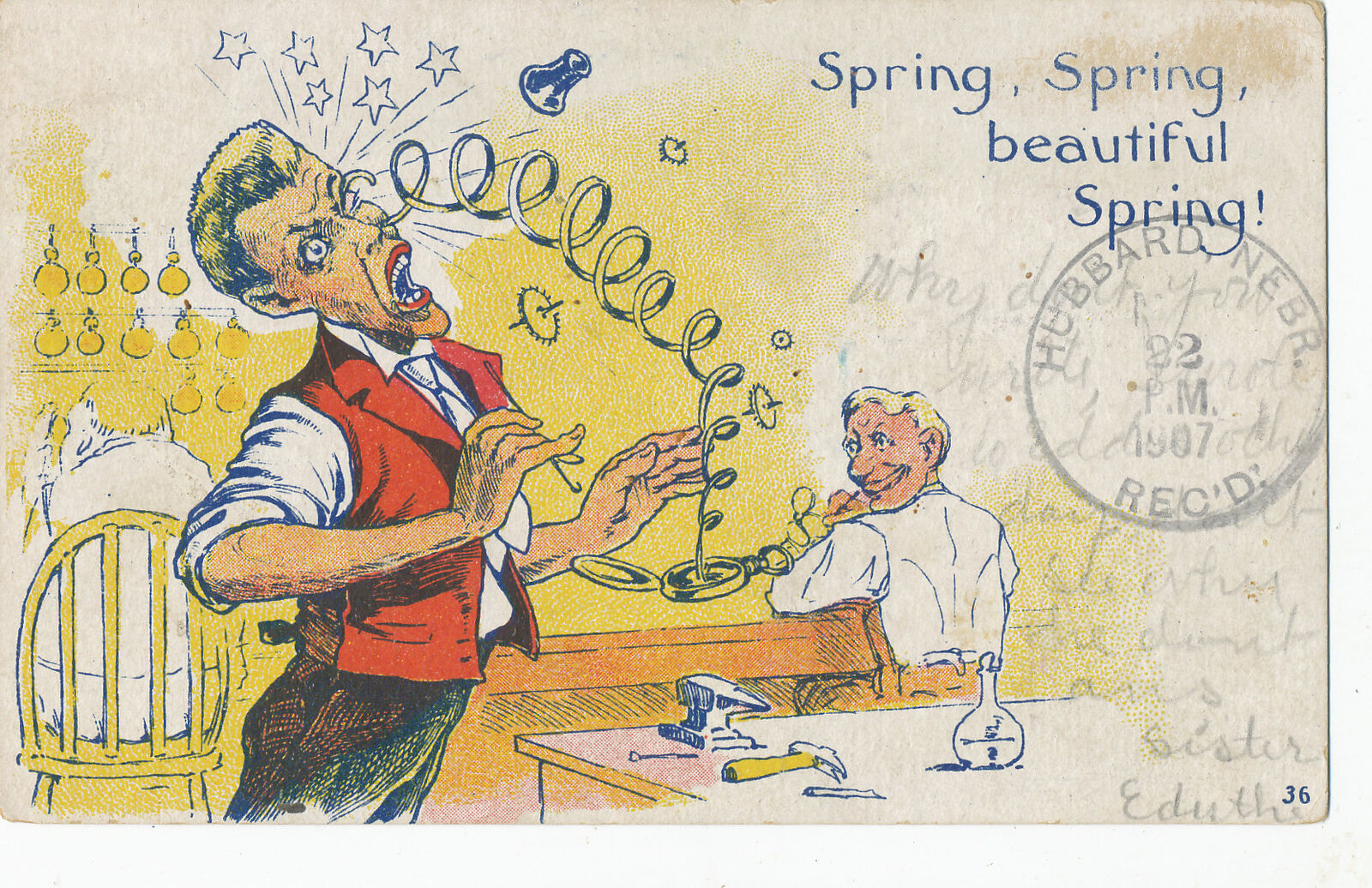 COMIC Jeweler watch spring hit in eye + 5/21/1907 RPO cancel on postcard