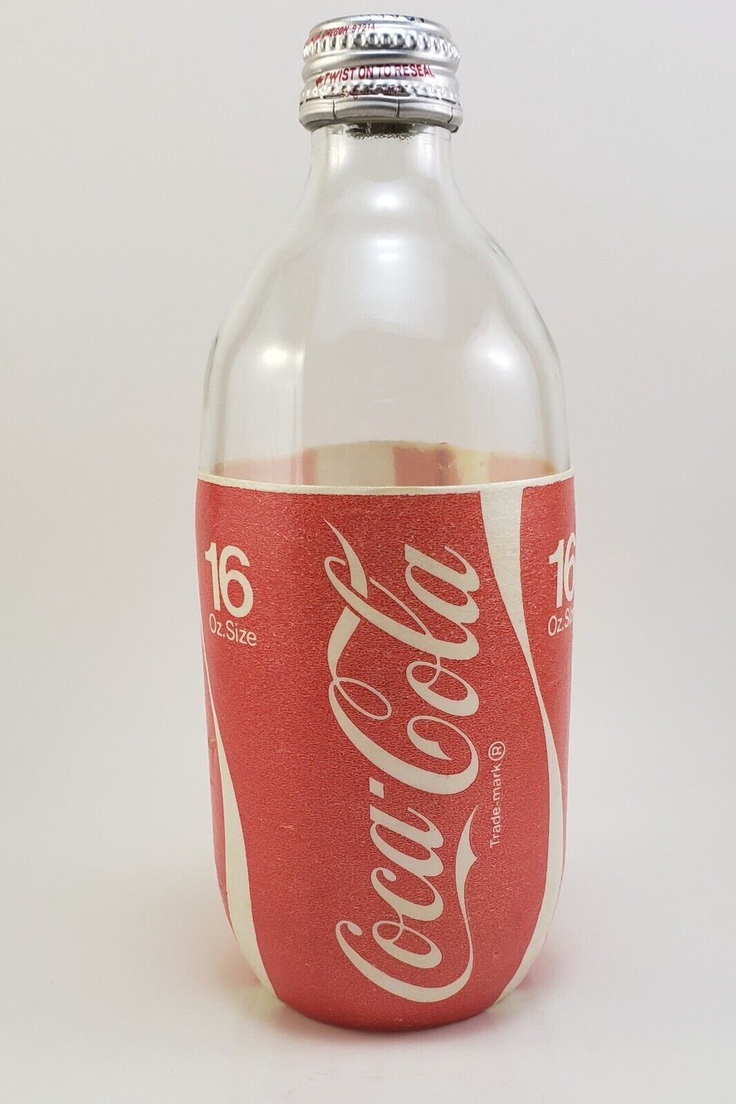 Vintage 1980\'s Coca-Cola Glass Bottle 16oz Styrofoam Label w/Metal Cap No Refill