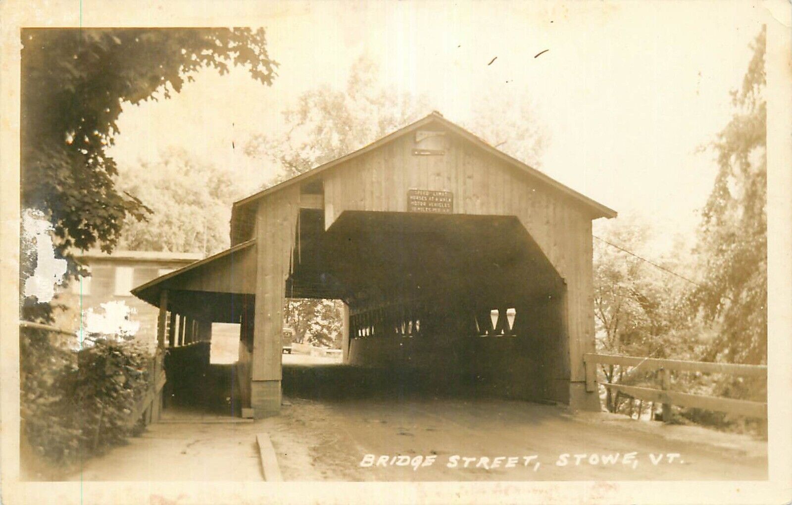 Real Photo Postcard Bridge Street Covered Bridge, Stowe, Vermont - circa 1930s