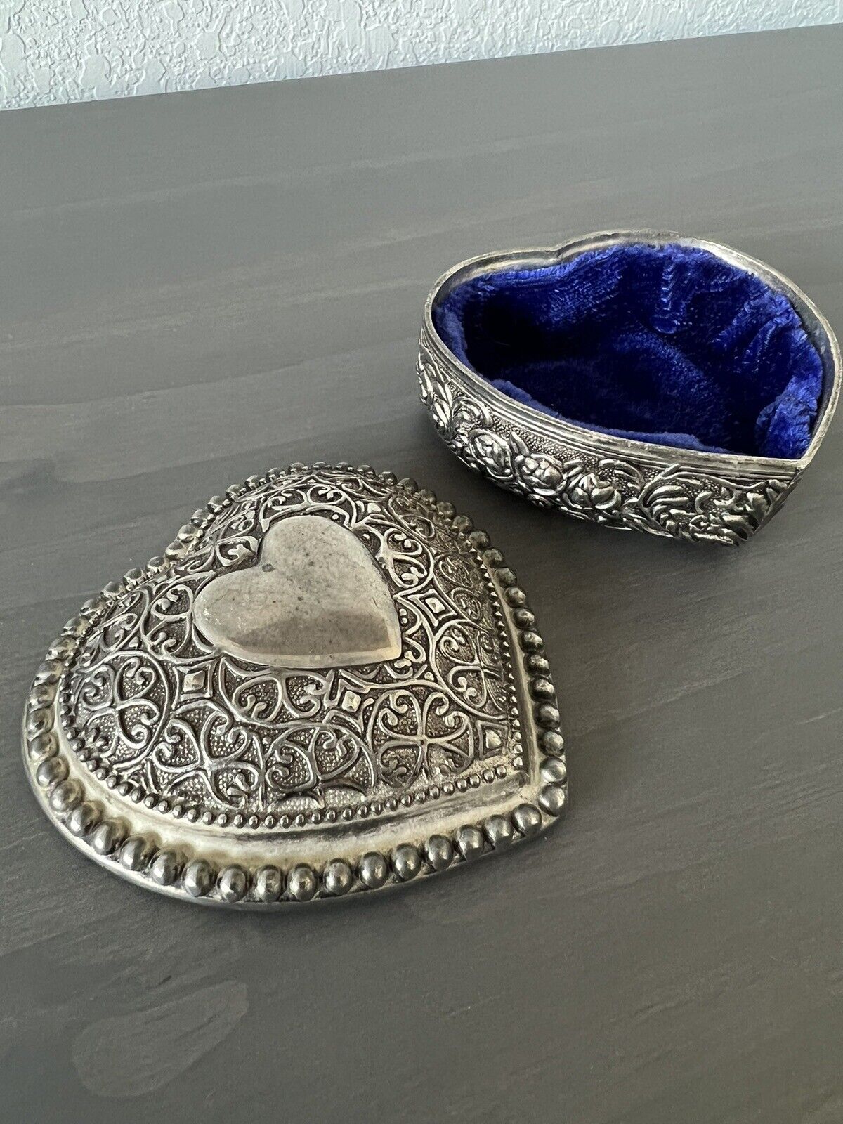 Vintage Silvertone Heart Shaped Beaded Trinket Box Velvet Lined