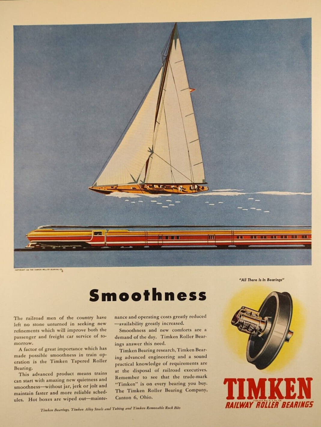 1946 Timken Railway Roller Bearings Print Ad ~ Railroad and Yacht Graphics