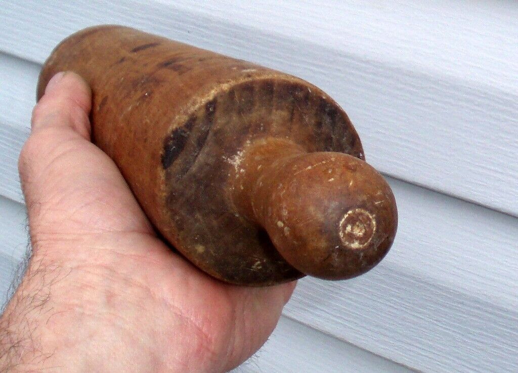 MAPLE ? EARLY PRIMITIVE ANTIQUE TURNED WOOD ONE PIECE ROLLING PIN RUSTIC COUNTRY
