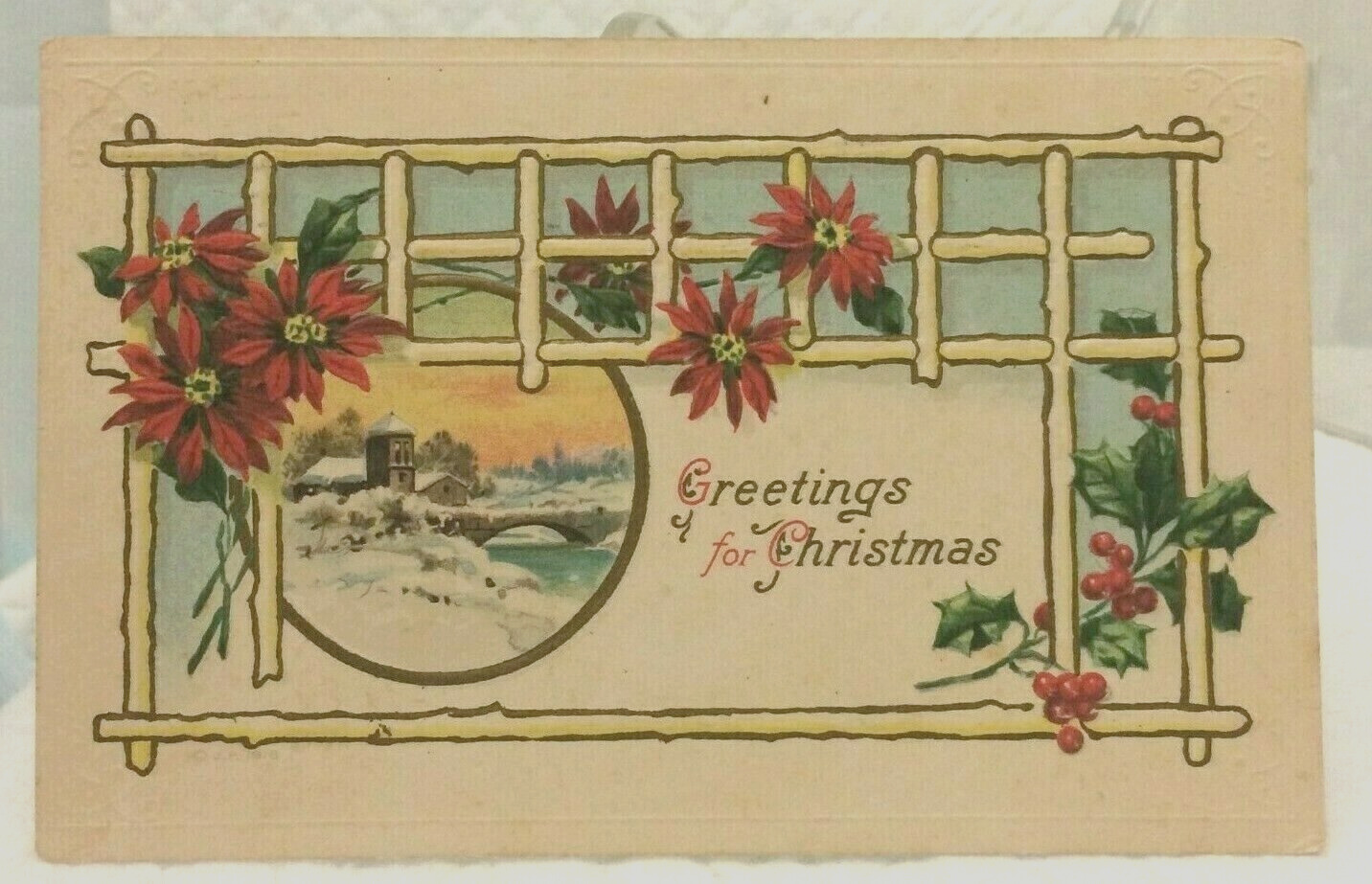 Antique Embossed Postcard Greetings for Christmas 108 Yrs. Old Postmark 1916