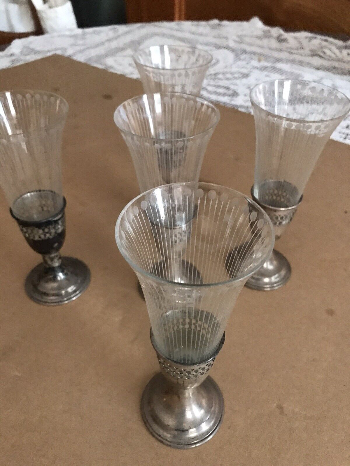 5 Vintage Antique Toasting Etched Glass With Sterling Silver Base