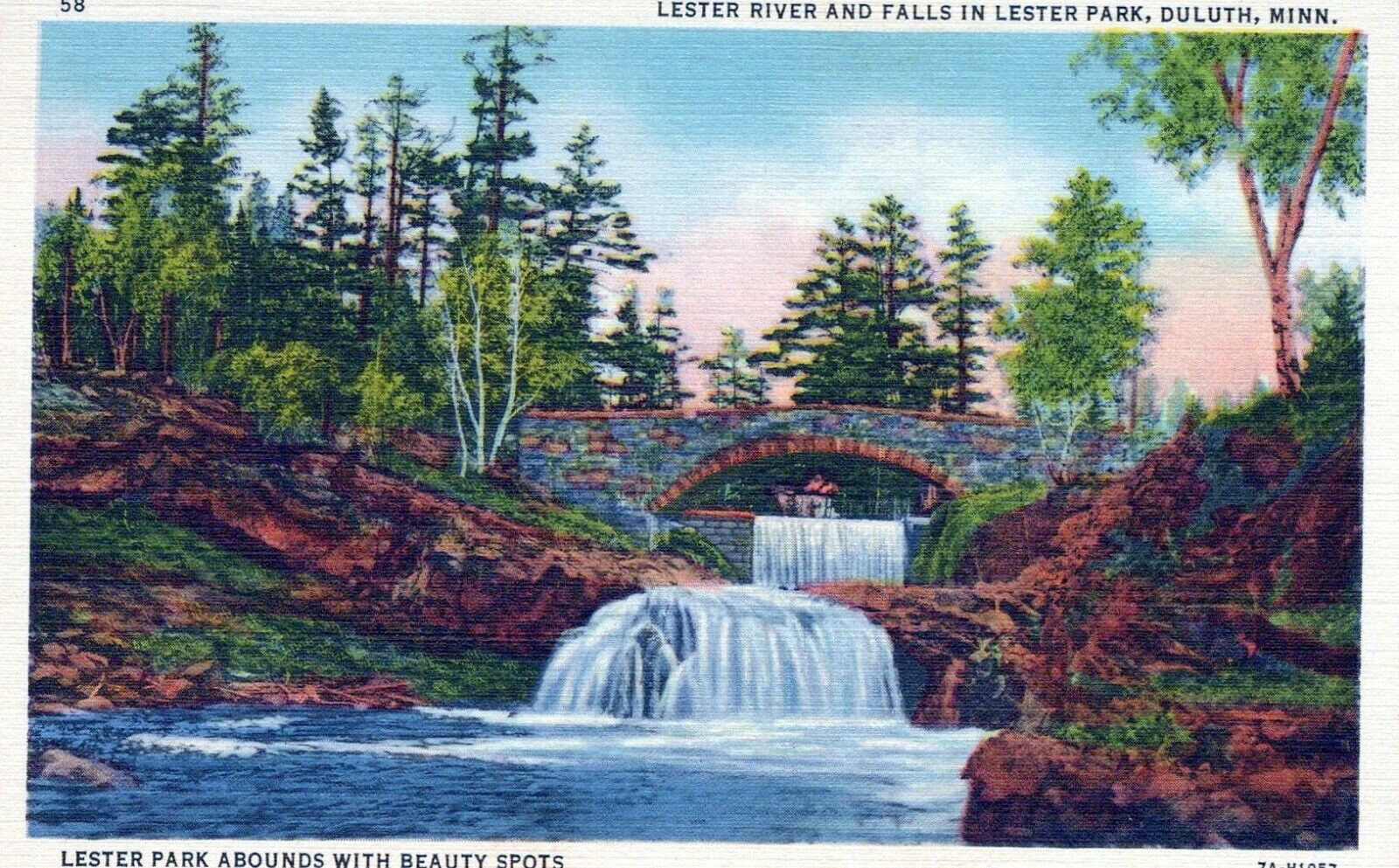 Lester River And Falls In Lester Park Duluth Minnesota Vintage Linen Post Card