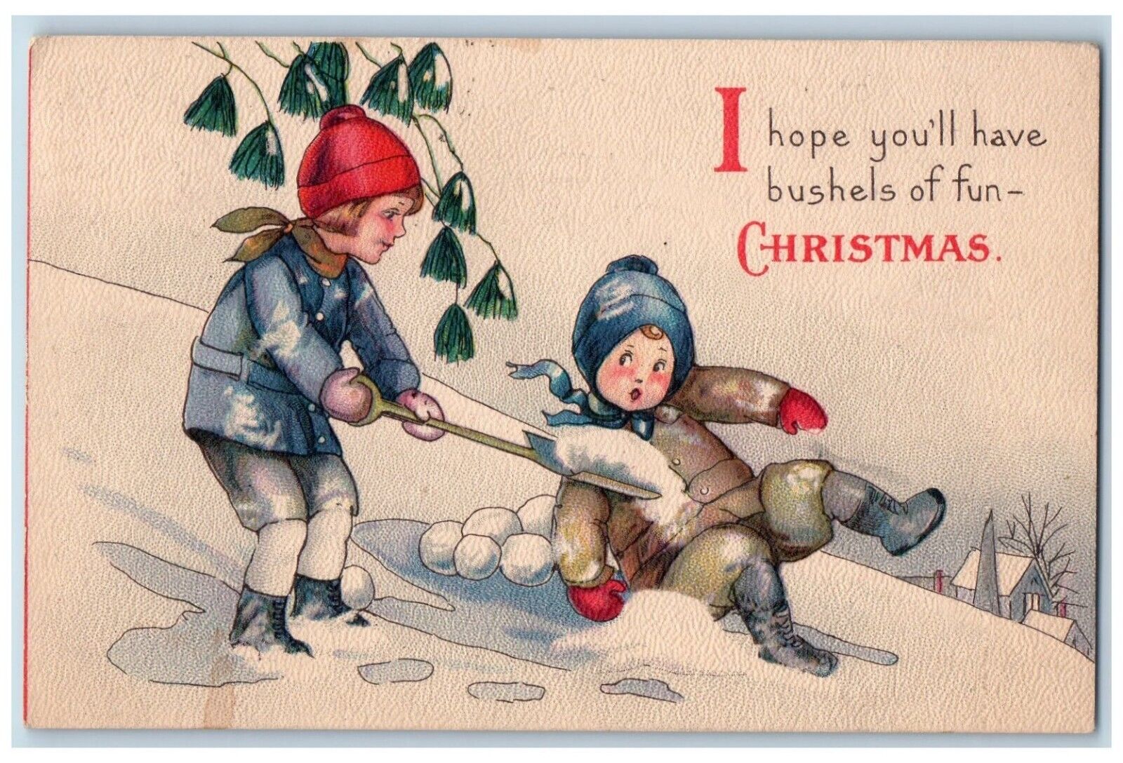 Caldwell Idaho ID Postcard Christmas Children Playing Snow Snowball c1910\'s