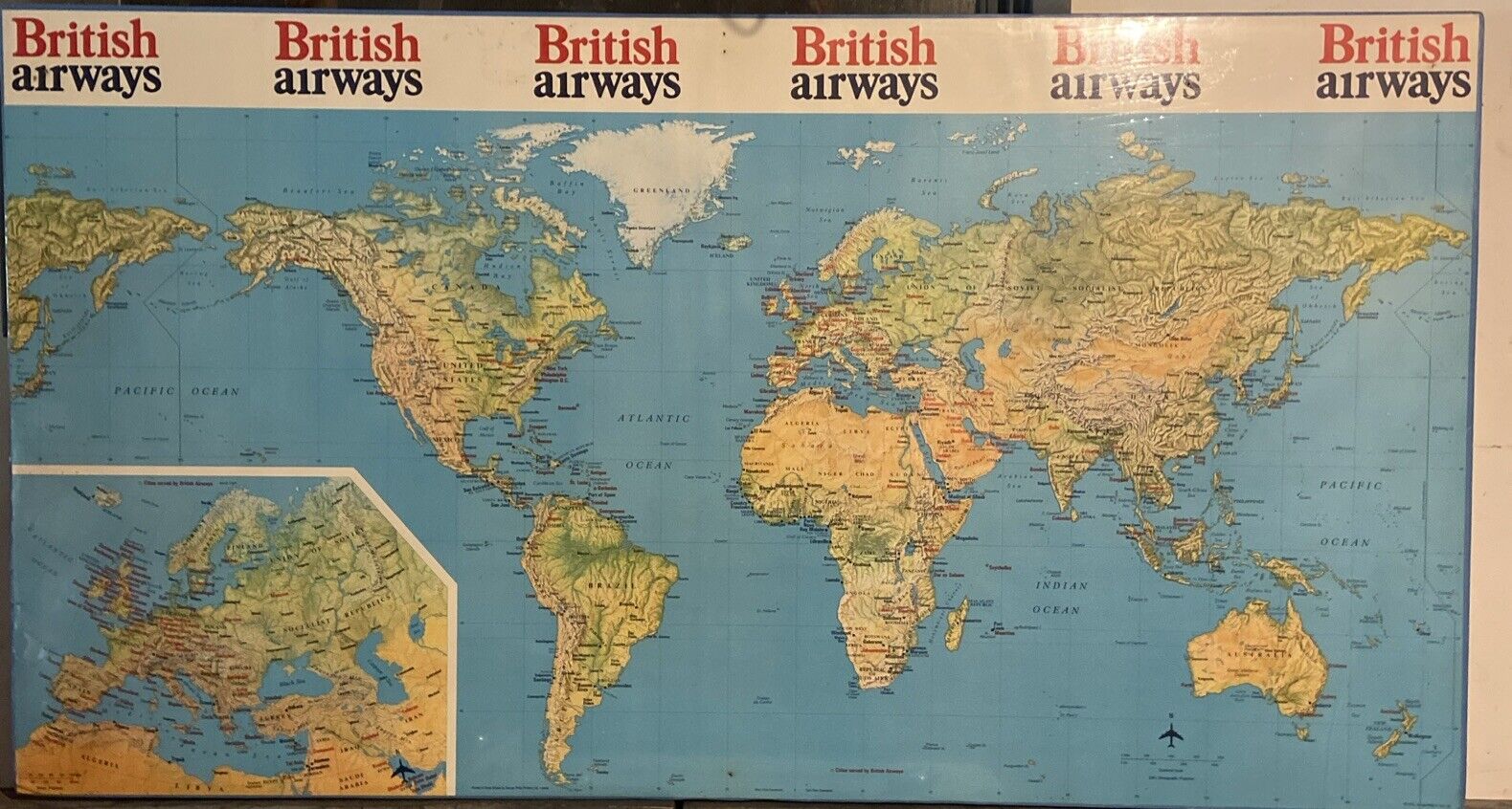 Vintage Colour 1975 British Airways Large World Wall Map Poster 57”x31”
