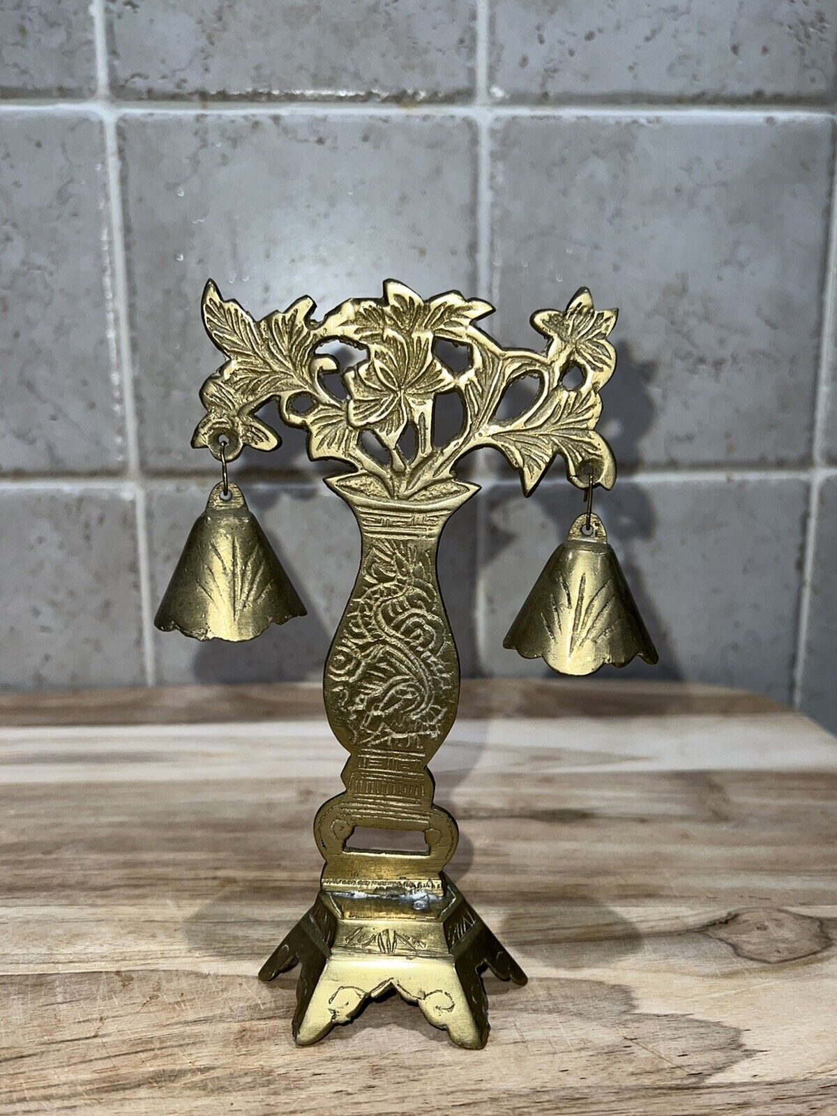 Vintage Solid Brass Bell Stand With Double Bells & Engraved Designs Chinese