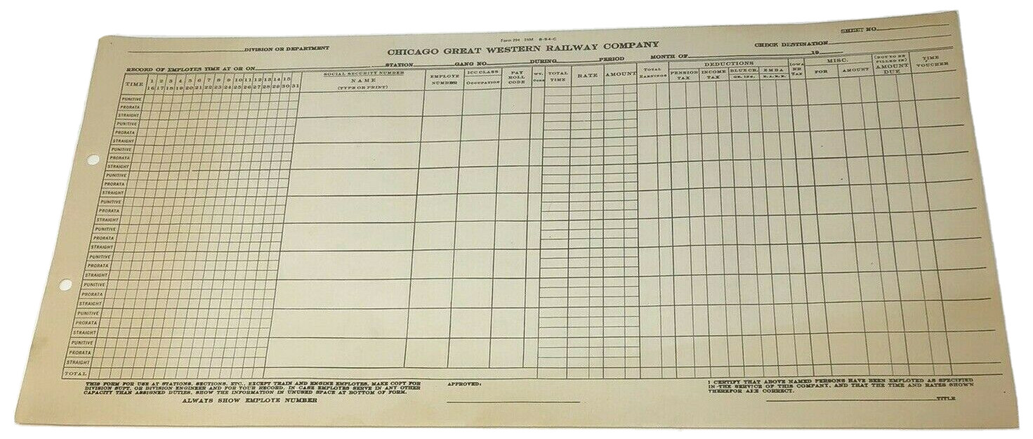 Chicago Great Western Railway Company Unused 1900 Pay Payroll Sheet Form 4294 25