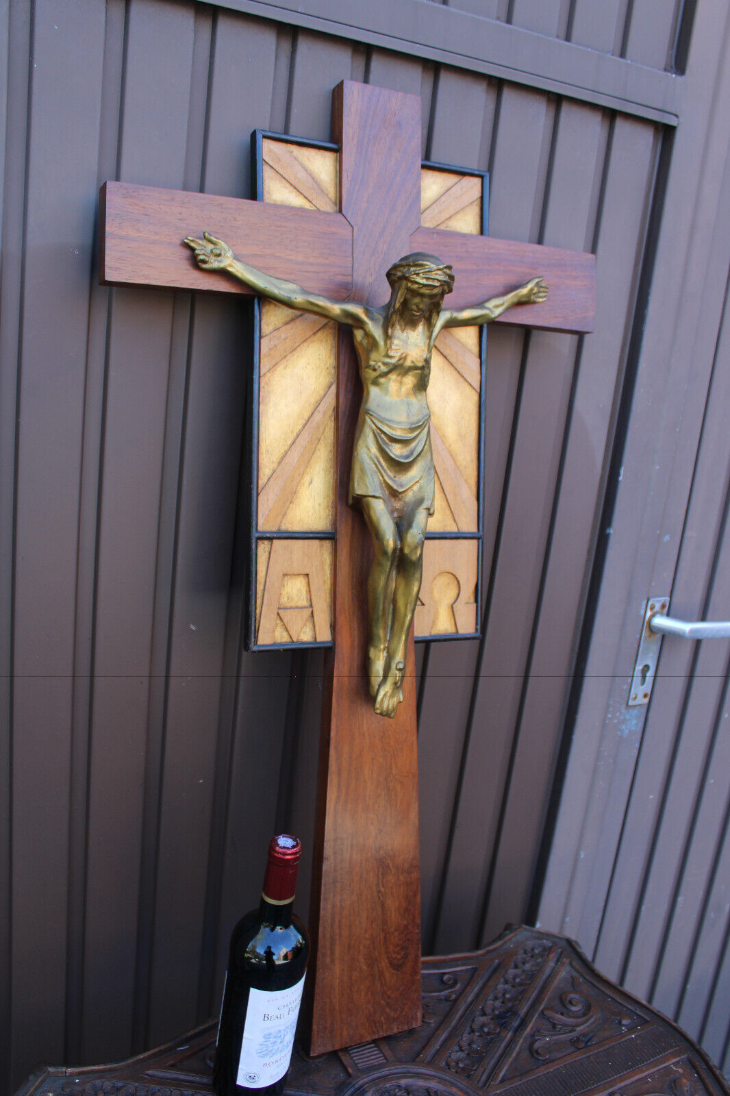 Antique art deco Church XXL crucifix wood bronze rare religious
