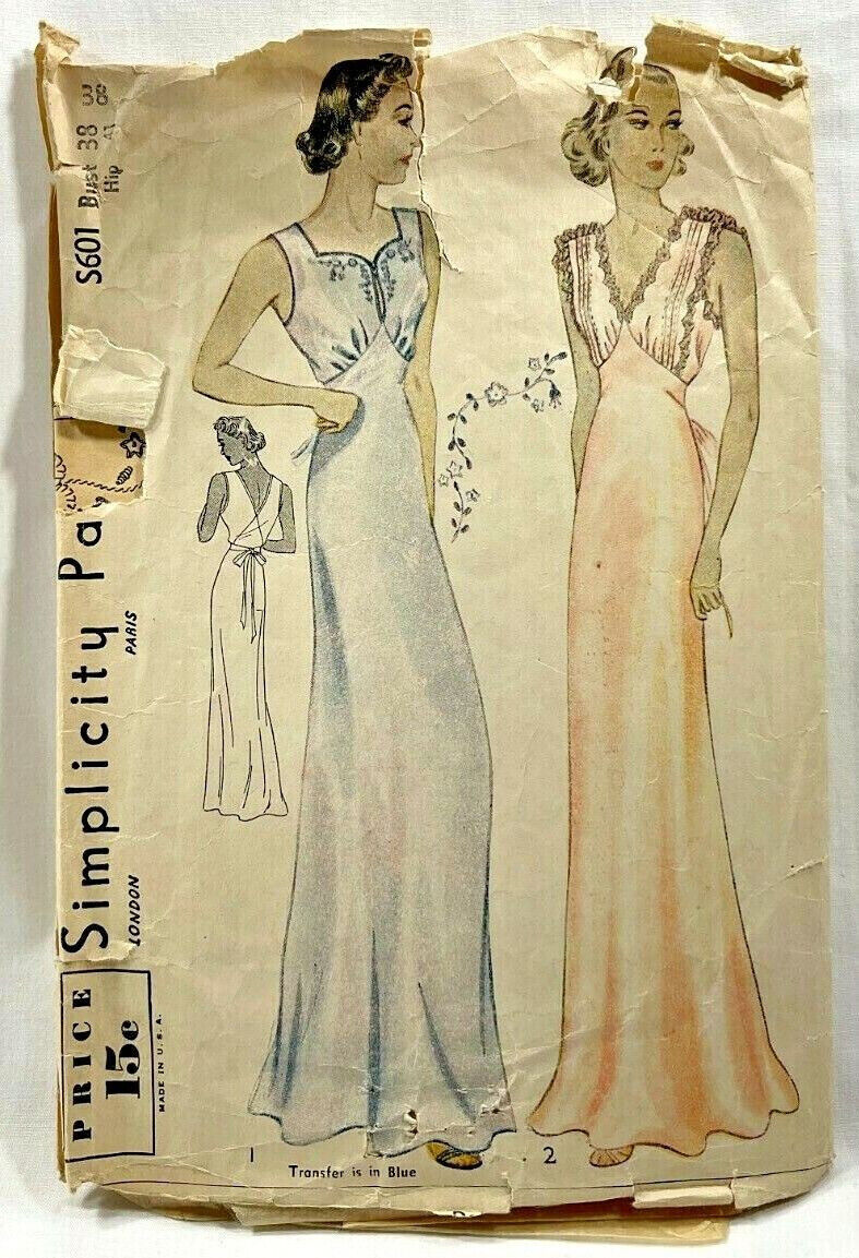1930s Antq Simplicity Sewing Pattern S601 Womens Nightgown 2 Styles 38 Bust 8883
