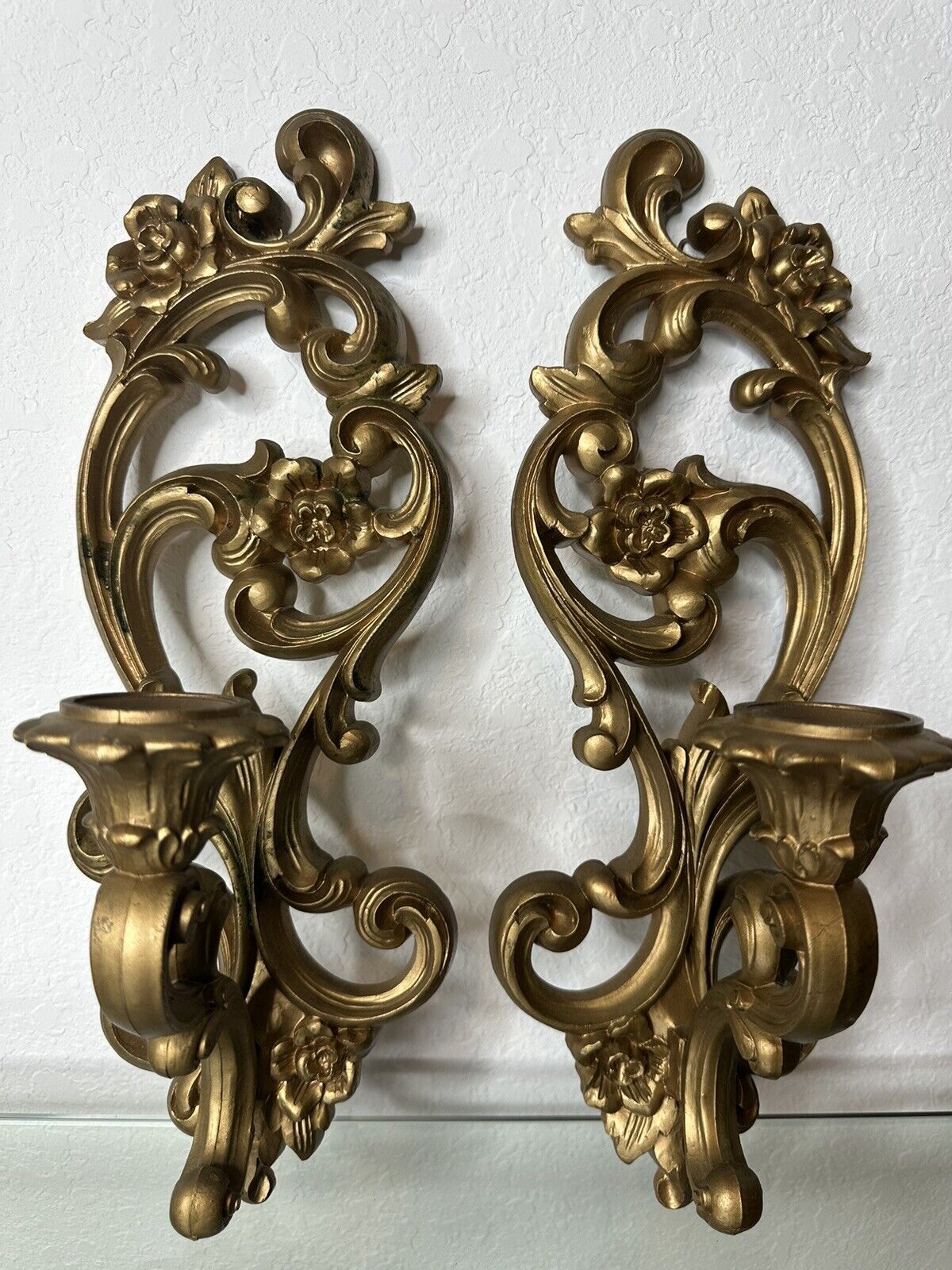 Pair of Vintage 1971 HOMCO Ornate Gold Floral Scroll Wall Sconces Candle Holders