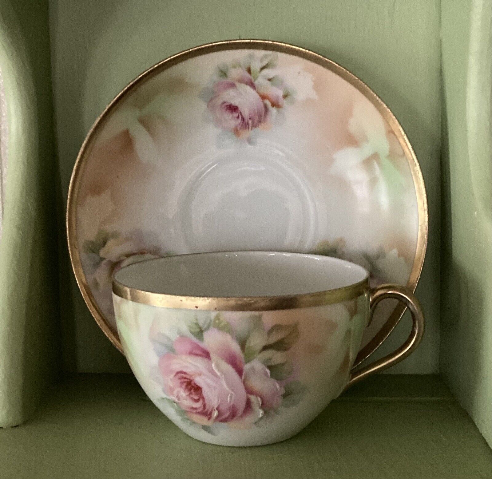Vintage Royal Rudolstadt Prussia Teacup and Saucer with Pink Roses