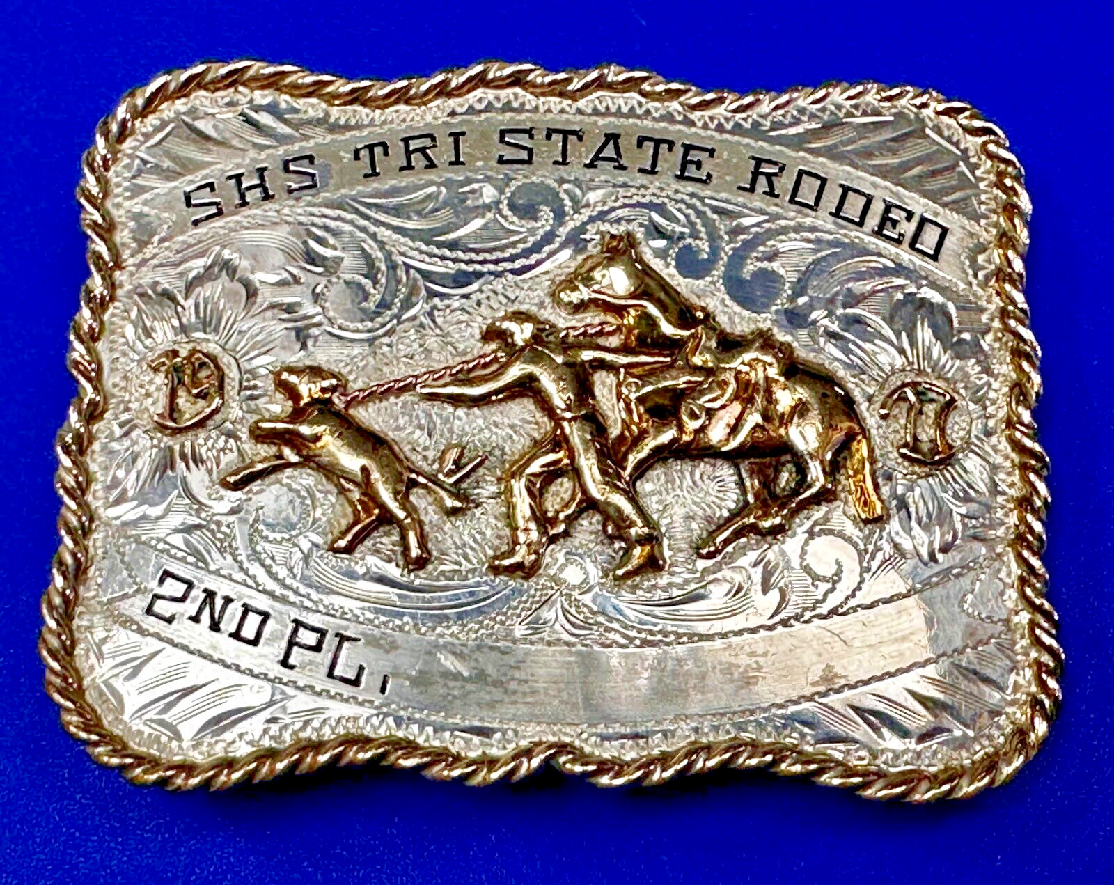 SHS Tri State Rodeo Hand Engraved Sterling Silver B-K Silversmiths Belt Buckle