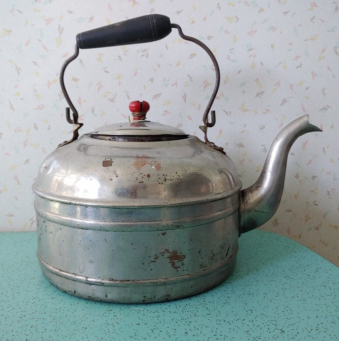 Vintage Rare GSW Large Kettle Tea Pot Chrome Covered Copper Wood Handle 
