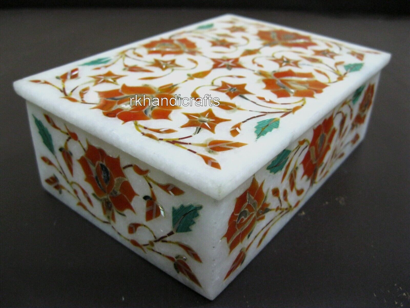6 x 4 Inches White Marble Jewelry Box Nature Pattern Inlay Work Multipurpose Box
