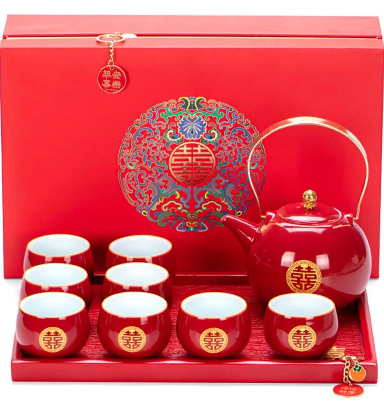 Chinese Traditional Wedding Tea Set，Red Ceramic Double Happiness KungFu Tea Set