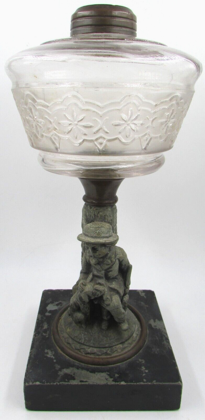 Antique Figural Composite Kerosene Stand Lamp Hunter, Dog, Rifle / Floral Font