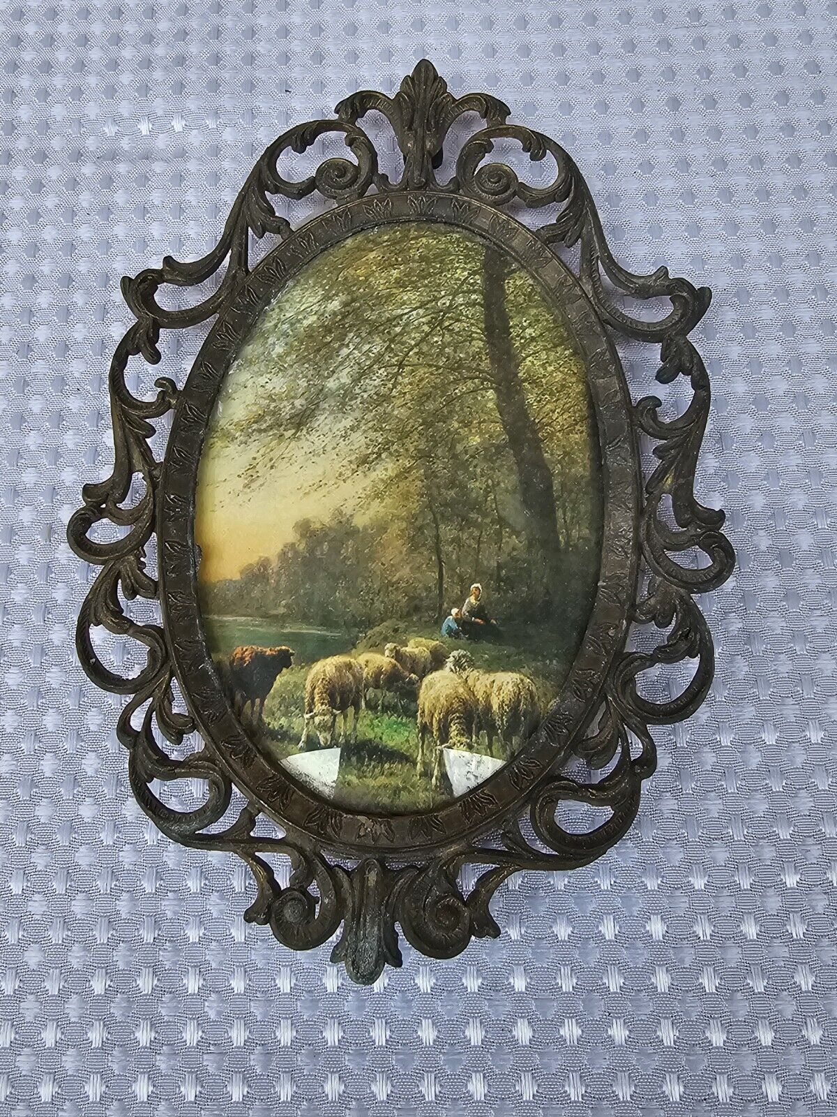 1-Vintage Italy Ornate Antique Brass Wall 8.5 x6  Frame w/4 x 6 herding Sheep