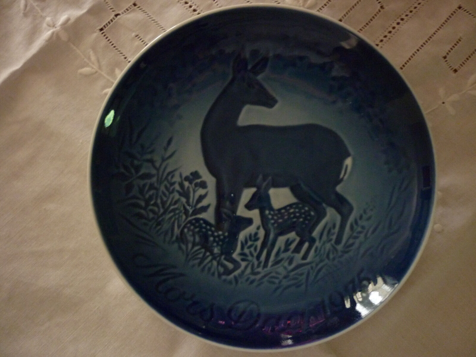 Vintage Danish 1975 Mother\'s Day Deer Family Blue Porcelain Wall Plate/Bowl