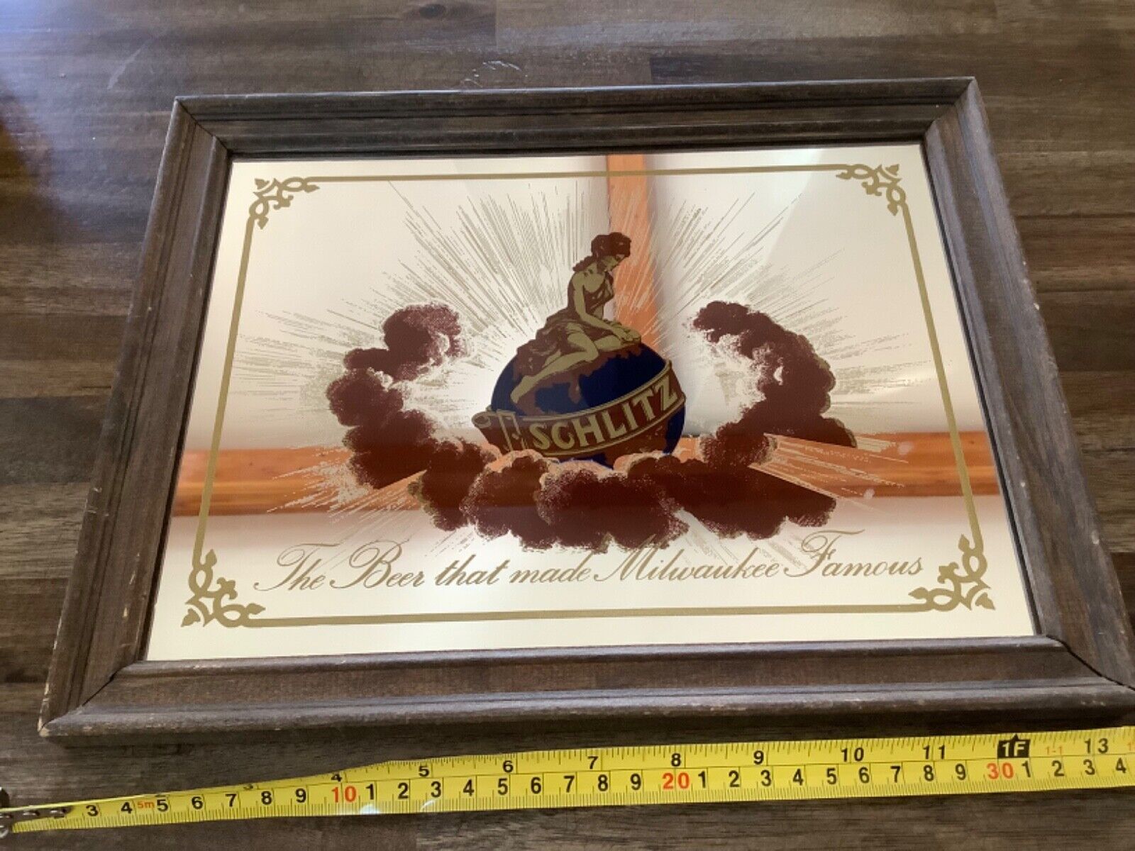 Vintage Milwaukee Famous Schlitz Beer Mirror Glass Wood Frame Bar Sign 13.5x11\