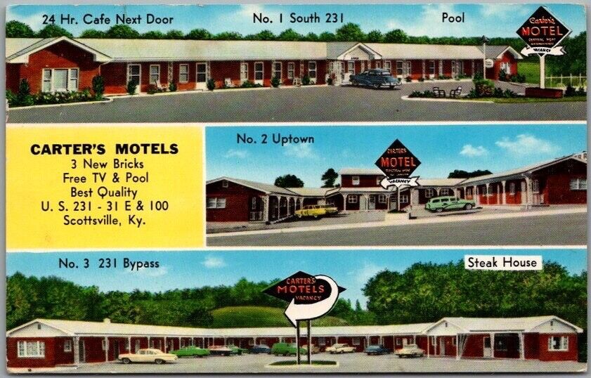 Scottsville, Kentucky Postcard CARTER\'S MOTEL - 3 Locations / Chrome 1962 Cancel