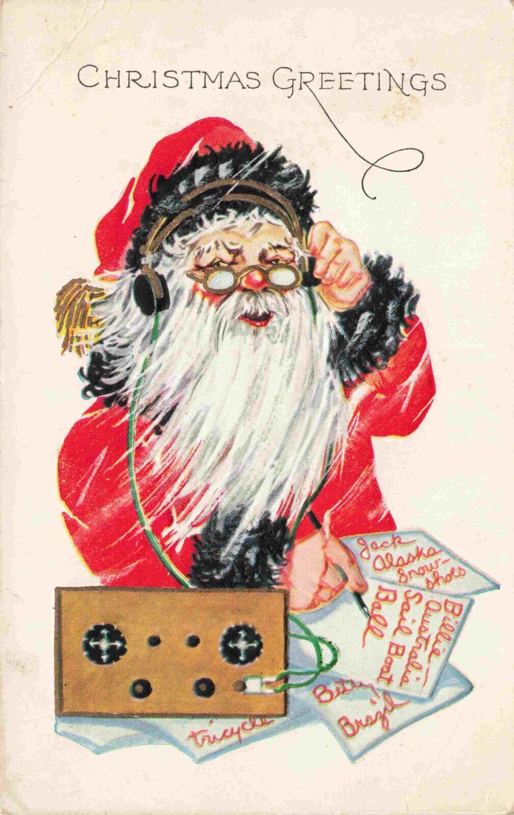 Christmas Santa Claus on Radio Headset with Name List Embossed Vintage Postcard