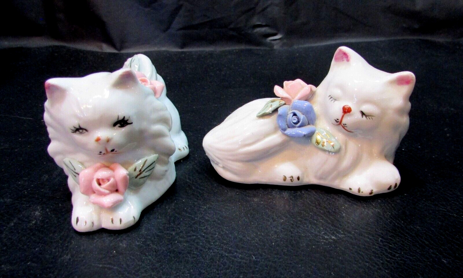 Two Vintage 1980's Hand Painted Flowers Old White Porcelain Kitty Cat Figurines