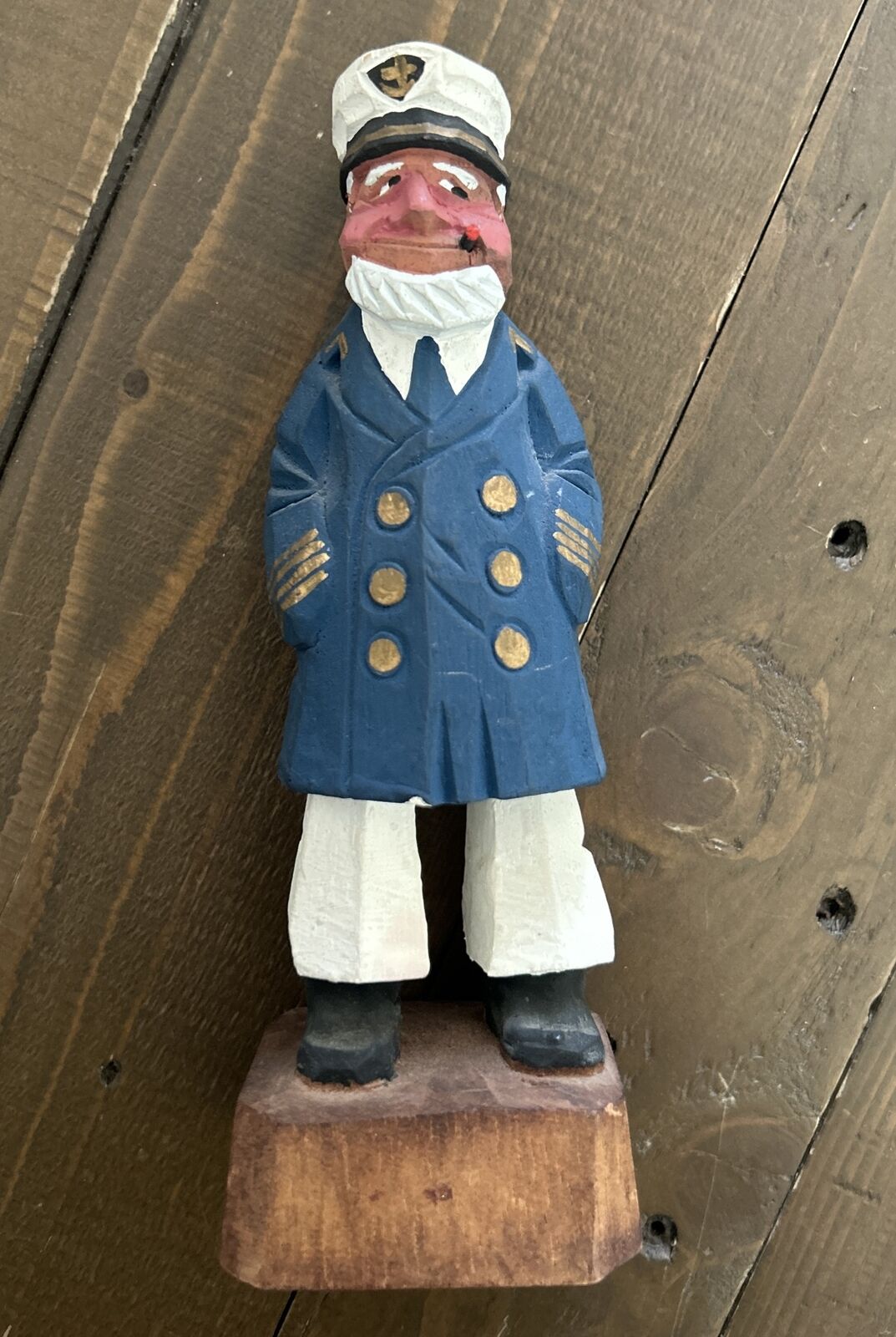 Vintage Hand Carved Wooden Wood Sea Captain 6” tall Blue Coat Nautical Smoking