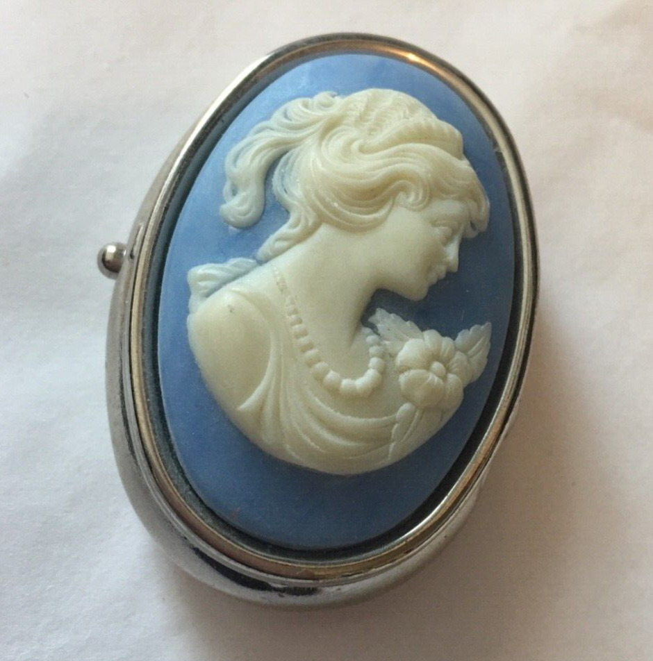Vintage  1970\'s Blue  Cameo Pill Box Holder Travel Container Purse Accessory