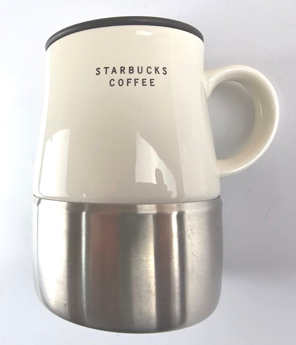Starbucks 14oz  2004 White Ceramic Travel Mug & Lid With Stainless Steel Bottom
