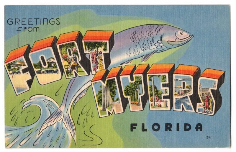 Greetings From Fort Myers Florida. Large Letter Vintage Postcard. Posted 7/6/55