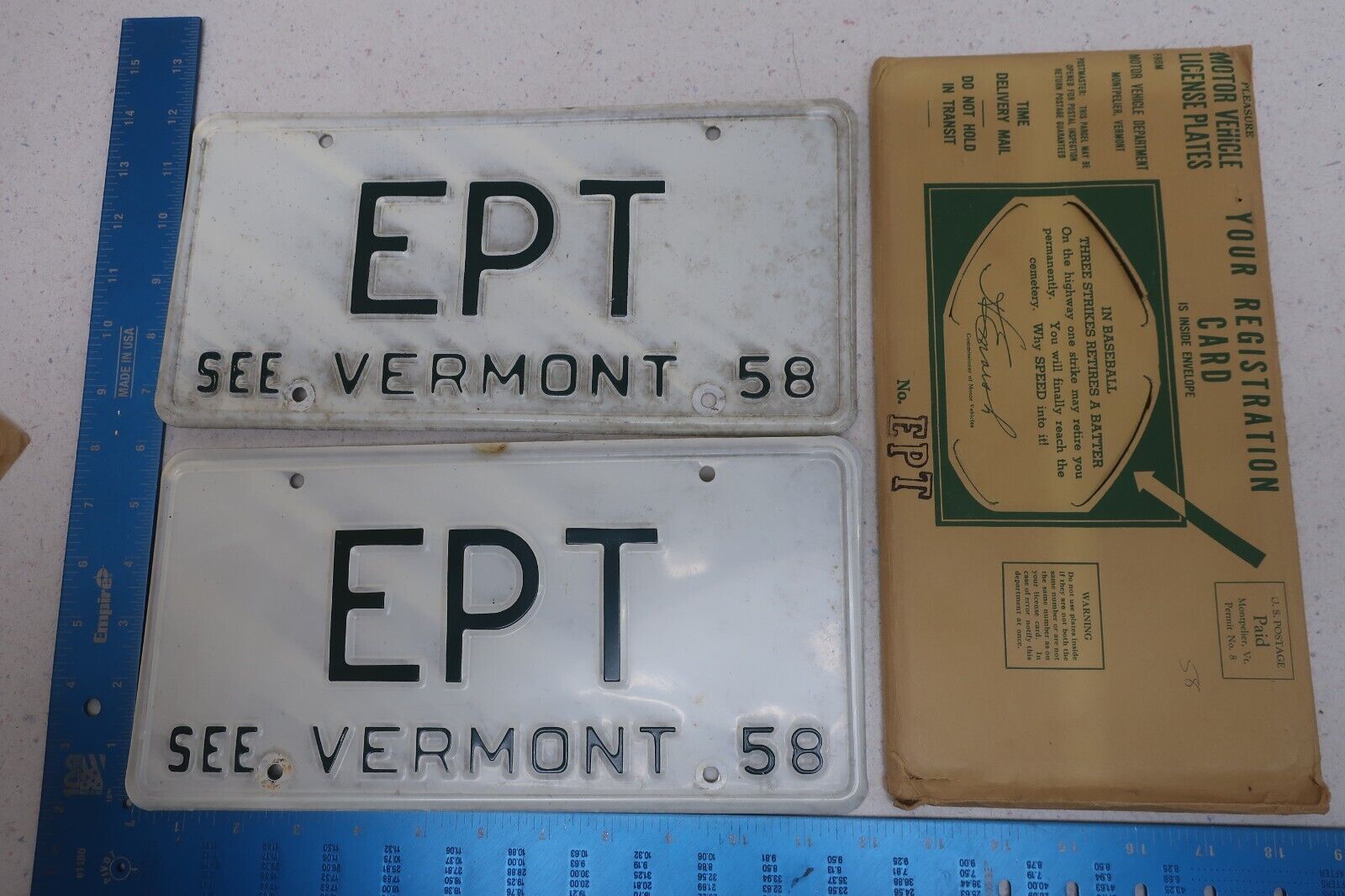 Vermont License Plate Tag 1958 58 VT Pair Set Envelope Vanity  EPT E P T