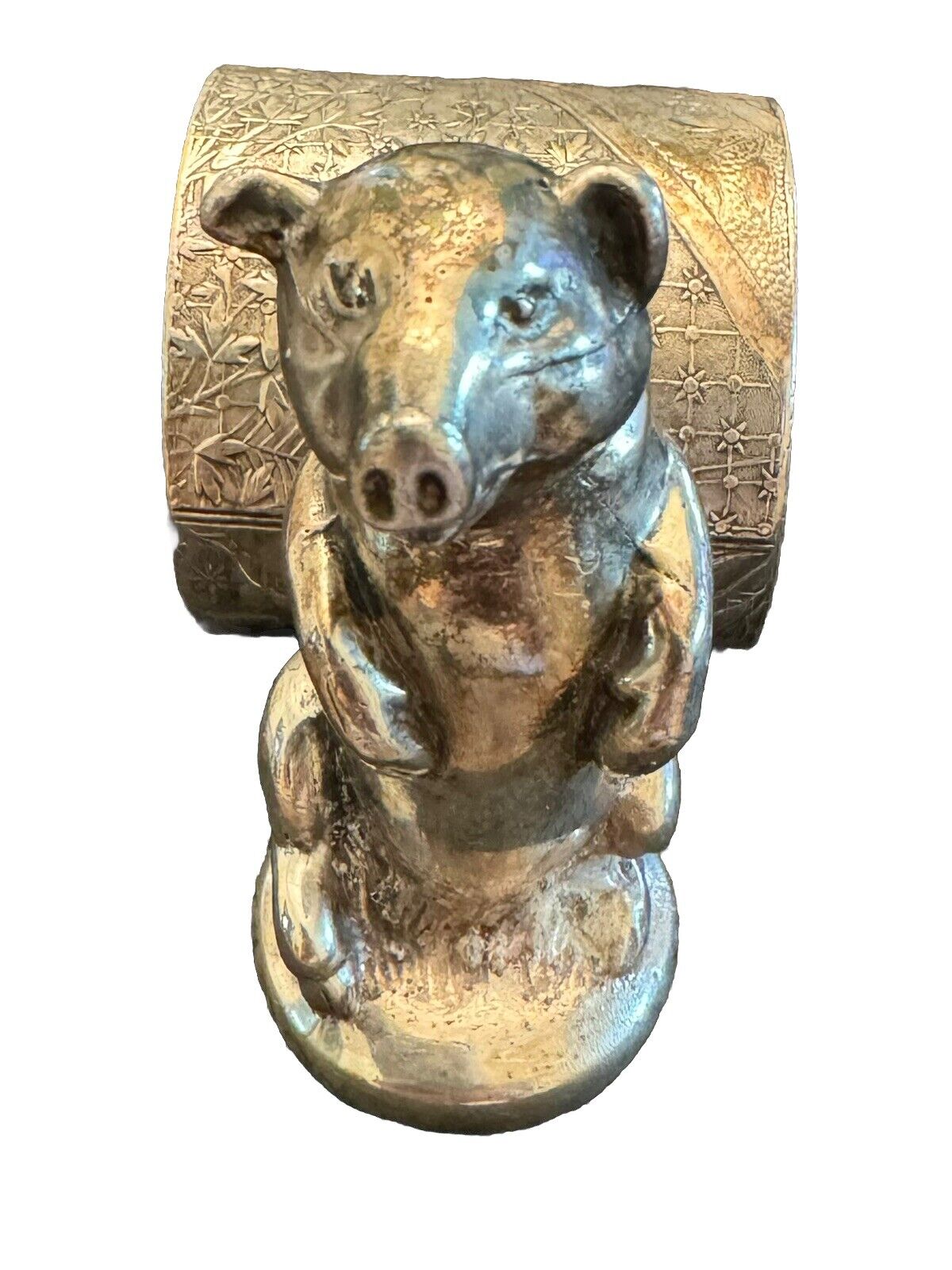 Antique Silver Plate Standing Pig Figural Napkin Holder - Very Rare