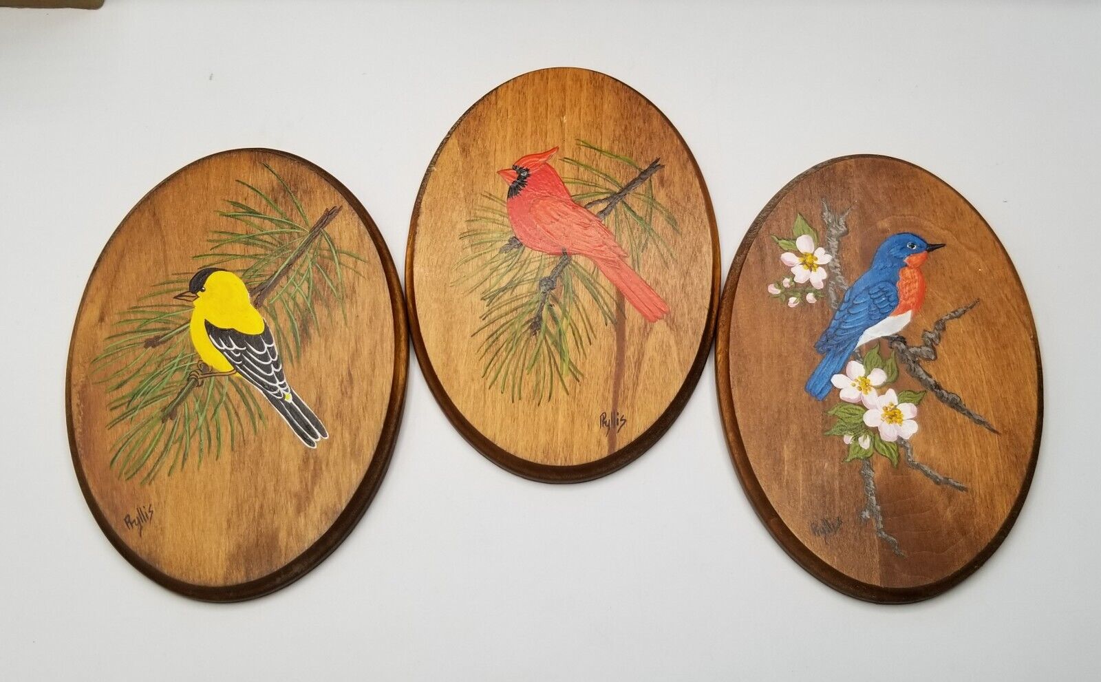 3 Vintage Small Wooden Oval Hand Painted Bird  Hanging Pictures