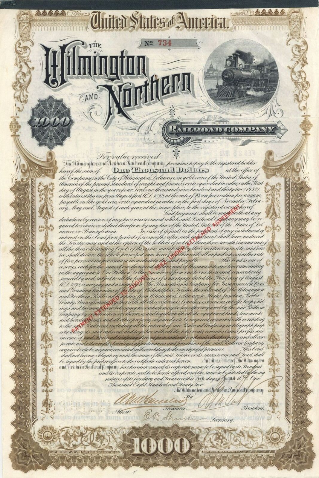 Wilmington and Northern Railroad Co. $1,000 Gold Bond signed by Henry Algernon d