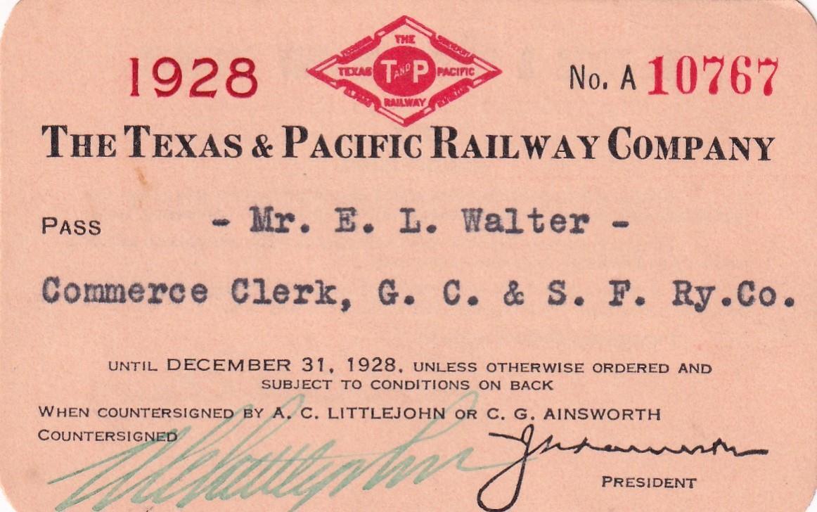 1928 T&P Texas & Pacific Railway employee pass - Gulf Colorado & Santa Fe RR