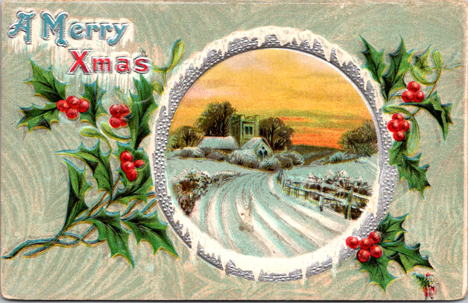 Vintage C. 1910 Blank A Merry Xmas Holly Berry Winter Picture Scene Postcard