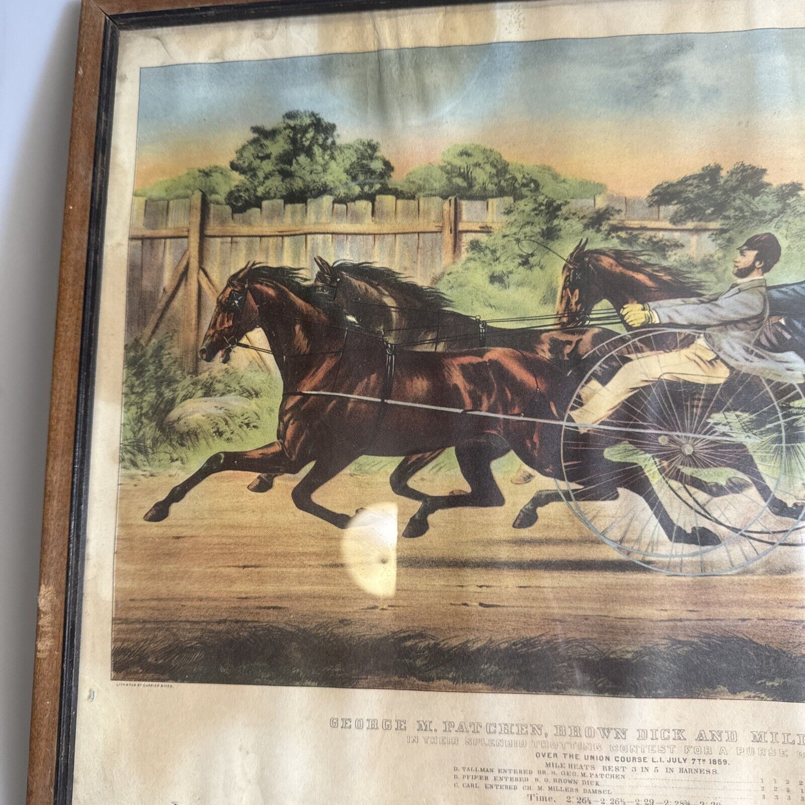 Antique Victorian currier & Ives lithograph horse racing George m patchen brown