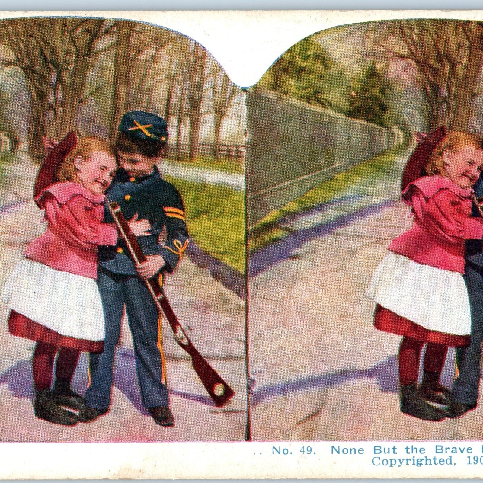 1902 Cute Girl Boy Soldier Little Couple Stereo Card Rifle Gun Cadet Uniform V23