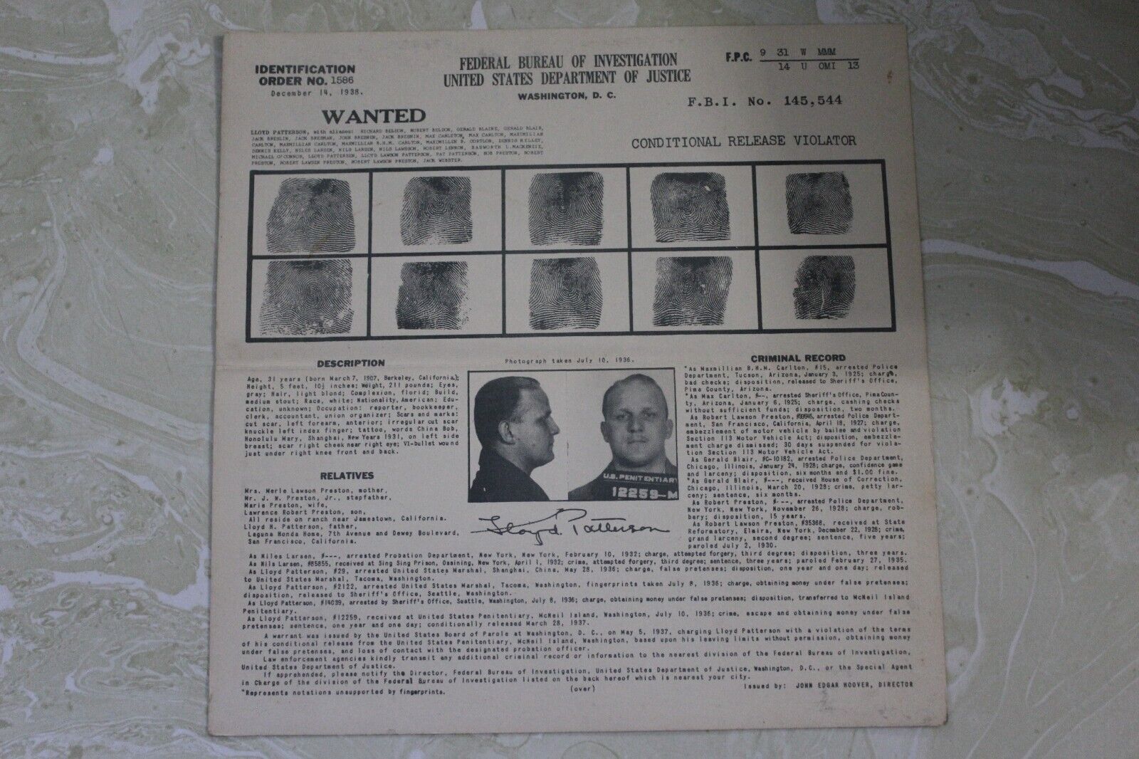 AS FOUND, VINTAGE & ORIGINAL FBI POSTOFFICE WANTED POSTER WITH 1938 POSTMARK   A