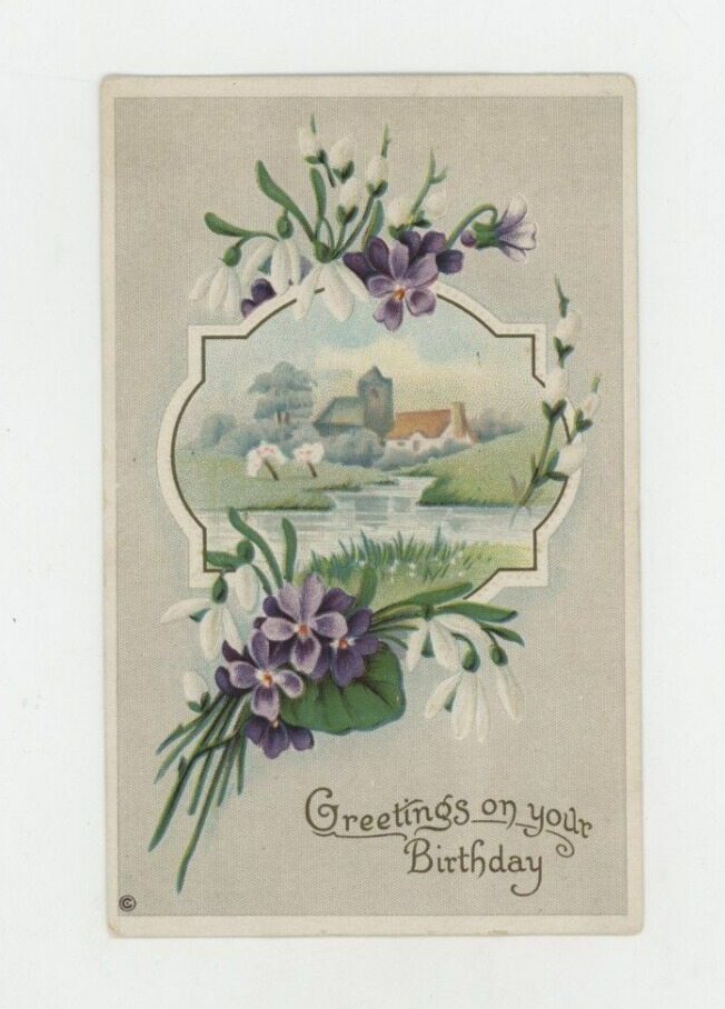 Vintage Birthday Postcard   HOUSE, STREAM  FLOWERS    EMBOSSED   UNPOSTED