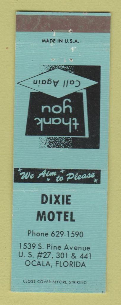 Matchbook Cover - Dixie Motel Ocala FL