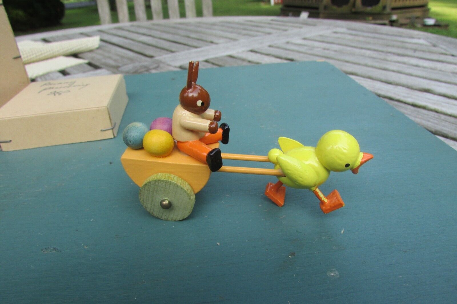 Vintage Goula? Spain? Handmade Baby Chick Pulling Bunny Cart Wooden Mini Figure